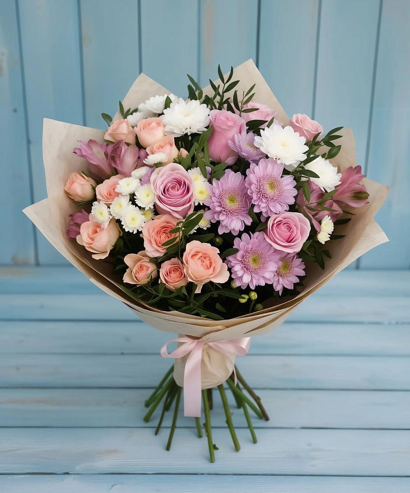 Букет цветов из: Хризантемы, Розы и Альстромерии в Куркино