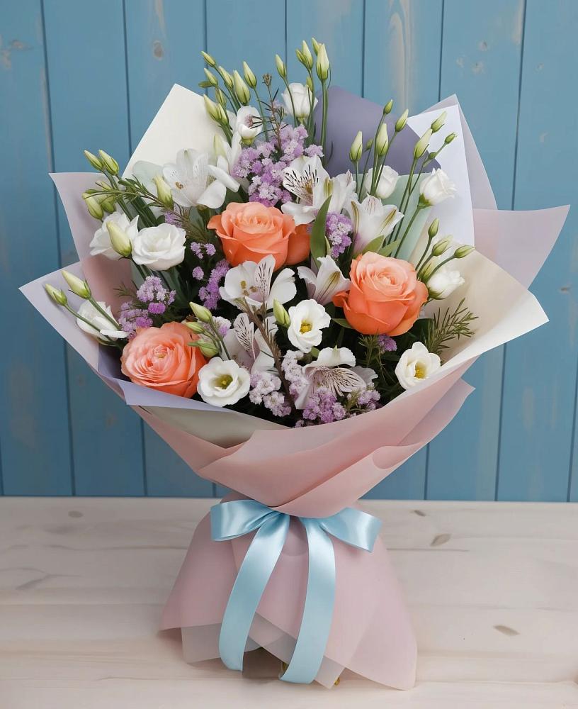 Букет цветов из: Лизиантусы, Розы, Альстромерии и Гипсофила в Куркино