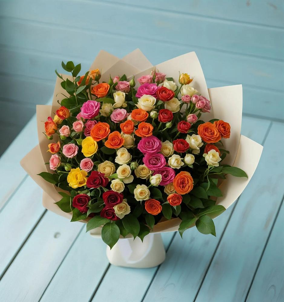 Букет Микс из разноцветных кустовых роз в Куркино