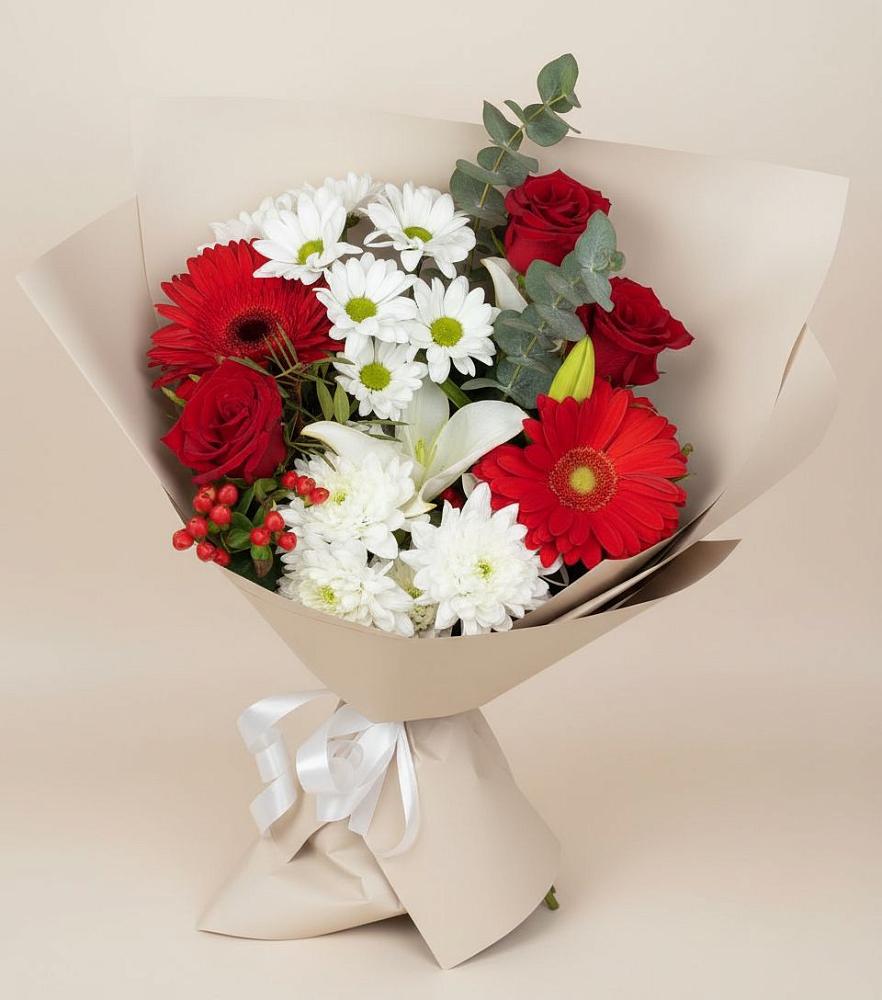Букет цветов из: Розы, Хризантемы, Герберы и Лилии в Куркино