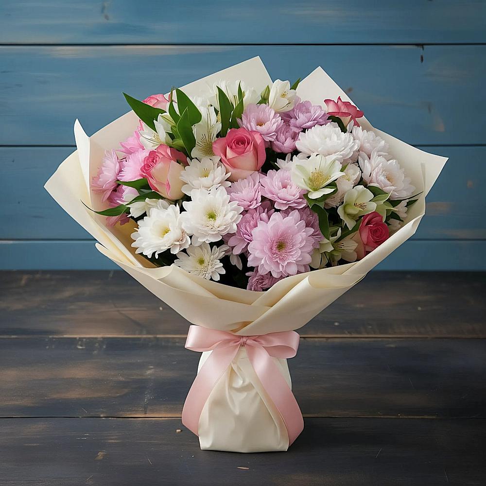 Букет цветов из: Хризантемы, Альстромерии и Розы в Куркино